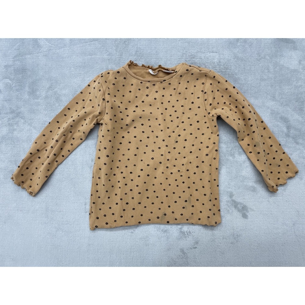 ZARA Kids Girls Long Sleeve Top Size 3–4Y Tan Brown Black Polka Dot Cotton